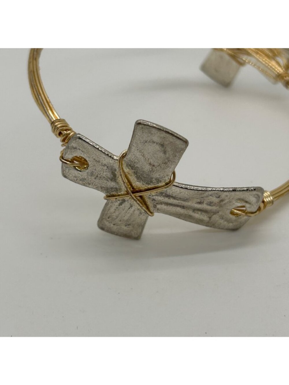 Mixed Metal Bracelet Gold Tone Wire Wrapped Silver Tone Cross Bangle Religious - Picture 3 of 12